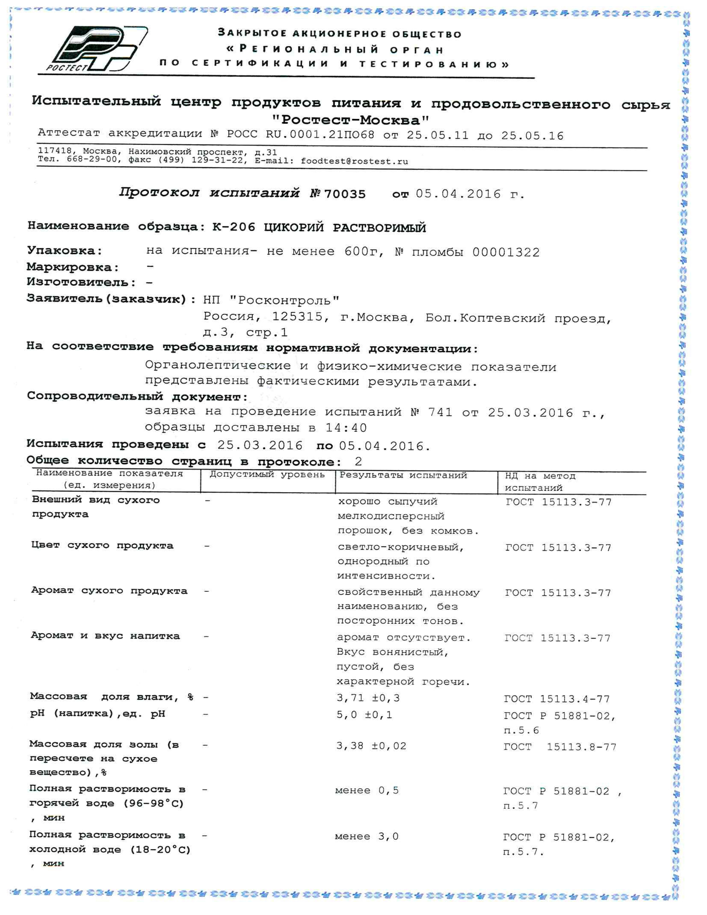 Протокол испытания продукта Ростест