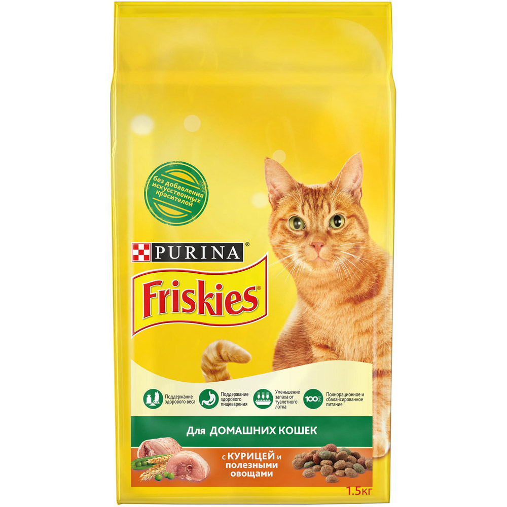 Сухой корм Friskies для взрослых домашних кошек, с курицей и полезными  овощами, Пакет, 1,5 кг - Росконтроль