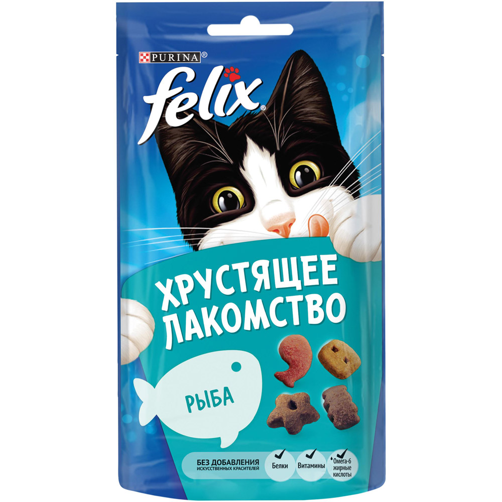 FELIX Хрустящее Лакомство. Корм сухой неполнорационный для взрослых кошек,  со вкусом рыбы, Пауч, 60 - Росконтроль