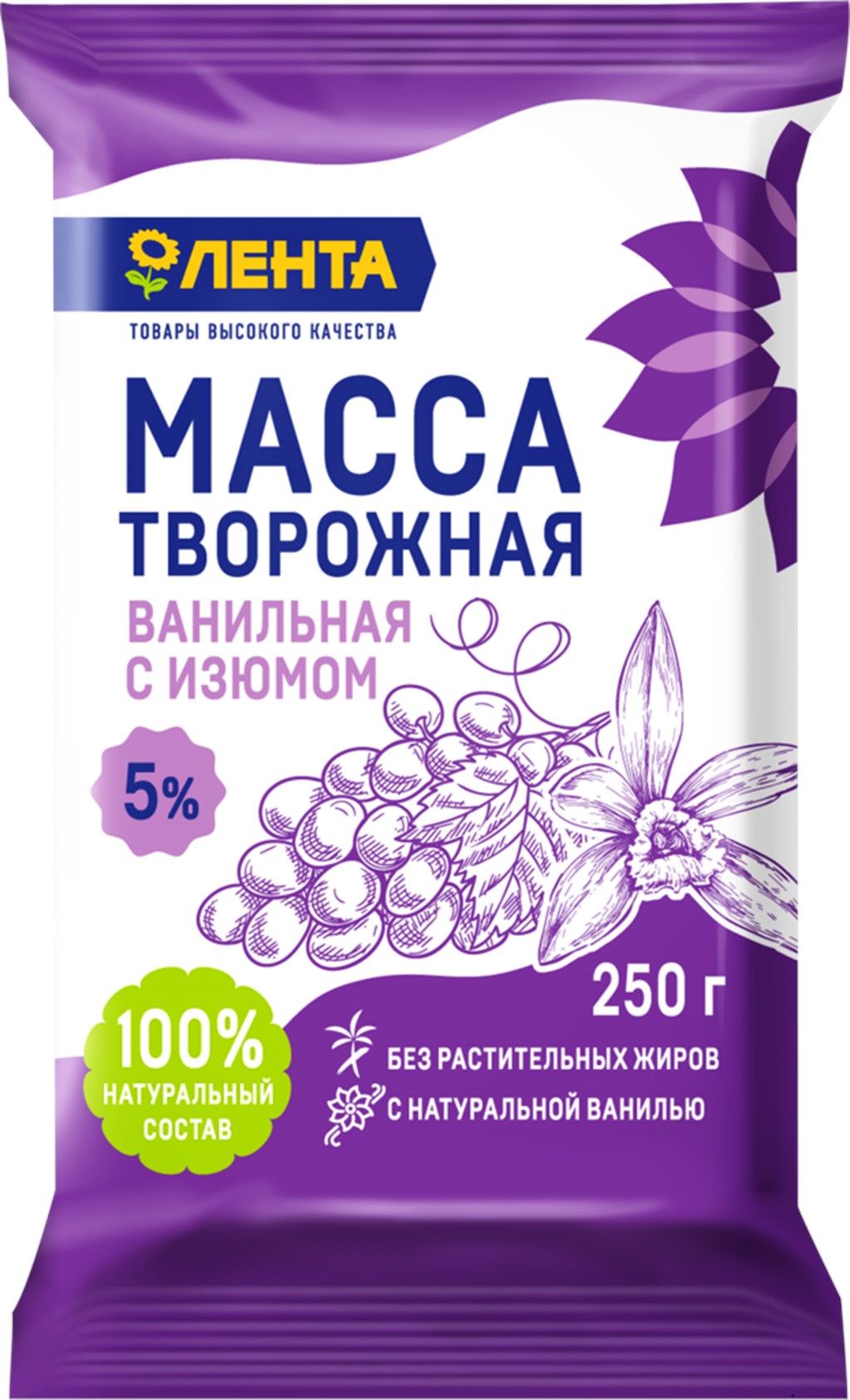 Творожная масса Лента ванильная с изюмом 5% бзмж 250 г - Росконтроль